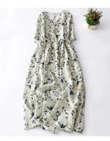 Vestido de algodón con estampado ral para mujer, vestido A-e de manga corta con cuello en V, vestido bohemio dulce, ropa suave y acogedora para mujer - details 2