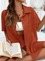 Conjunto de camisa de dos piezas de color sólido con pantalones cortos de moda para mujer, informal, suelto, manga corta, una sola fila - details 27