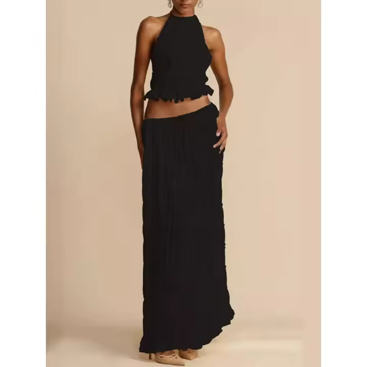 Conjunto de Dos Piezas para Mujer Verano 2025 TOP Cruzado con Espalda Descubierta y Falda Larga Fluida Estilo Y2K para Playa, Fiestas o Looks Diarios Tejido Transpirable y Exclusivo en Miravia - 1