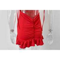 Vestido corto ajustado de verano, sexy, con tirantes finos, fruncido, espalda descubierta, lazo y volantes para mujer - details 13