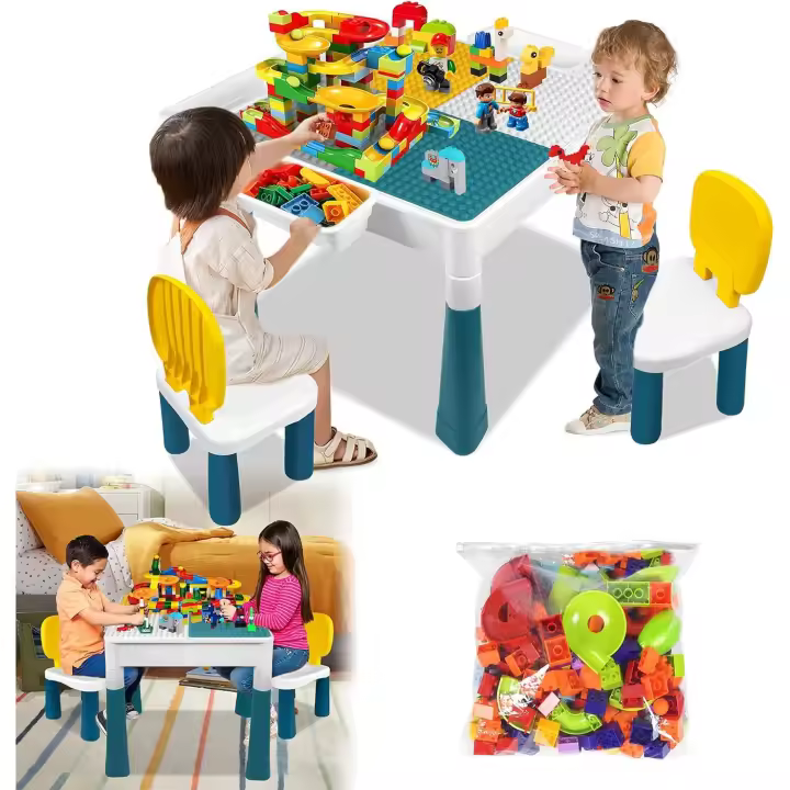 niños, Mesa de Manualidades con 2 sillas y 163 Bloques de construcción, Multifuncional para habitación Infantil - 1