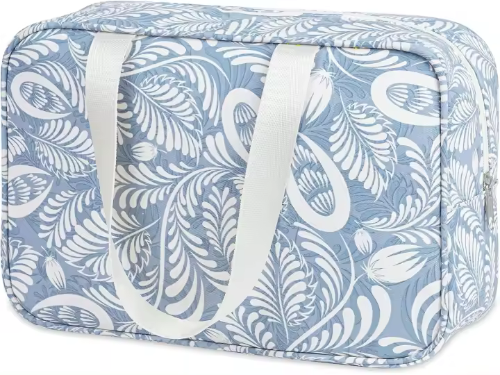 Neceser de tamaño completo, bolsa de cosméticos grande, bolsa de maquillaje de viaje, organizador para mujer (hoja azul) - 1