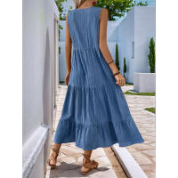Vestido casual largo de verano, nuevo, de color sólido, con cuello en V y textura. - details 3