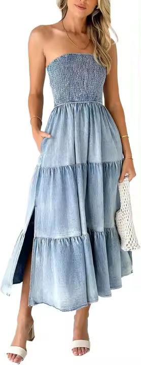 Vestido largo de mezclilla sin tirantes, fluido, con volantes, fruncido, tipo tubo, con hombros descubiertos y bandas escalonadas. - 1