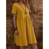 Vestido retro de algodón y lino con cuello redondo y bolsillos sueltos de color sólido para mujer - details 8