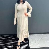 Vestido de Punto con Mangas Acolchadas Falda Larga con Lazo en Cintura, Cuello Redondo, Estilo Retro de los 90 Moda Callejera para Mujeres - details 3