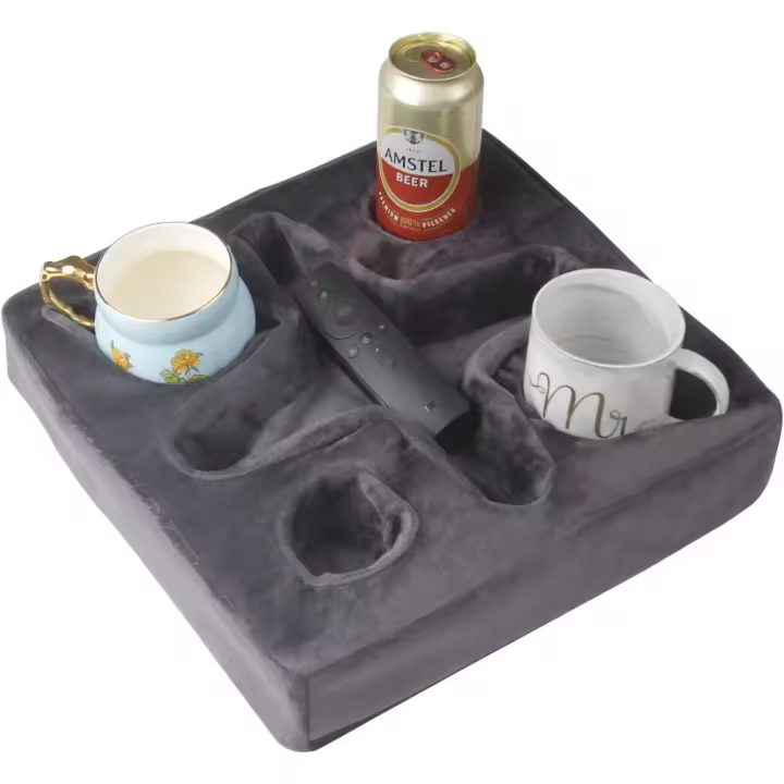 Almohada portavasos para sofá y cama, bandeja para bebidas, control remoto, soporte para aperitivos (gris) - 1