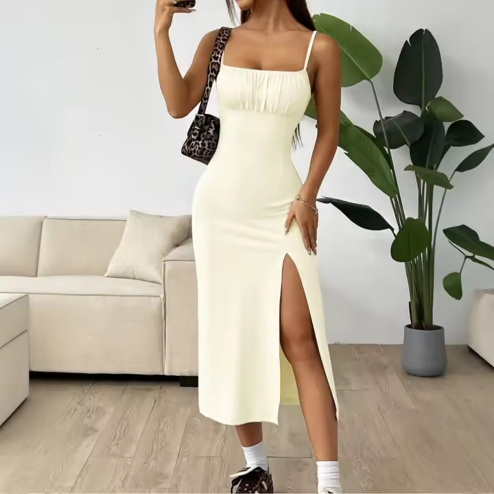 Vestido de estilo simple de mujer cintura alta tirantes delgados falda media y larga - 1
