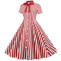 Polka dot print women summer short sleeve striped bow elegant vintage 50s party dress - details 12