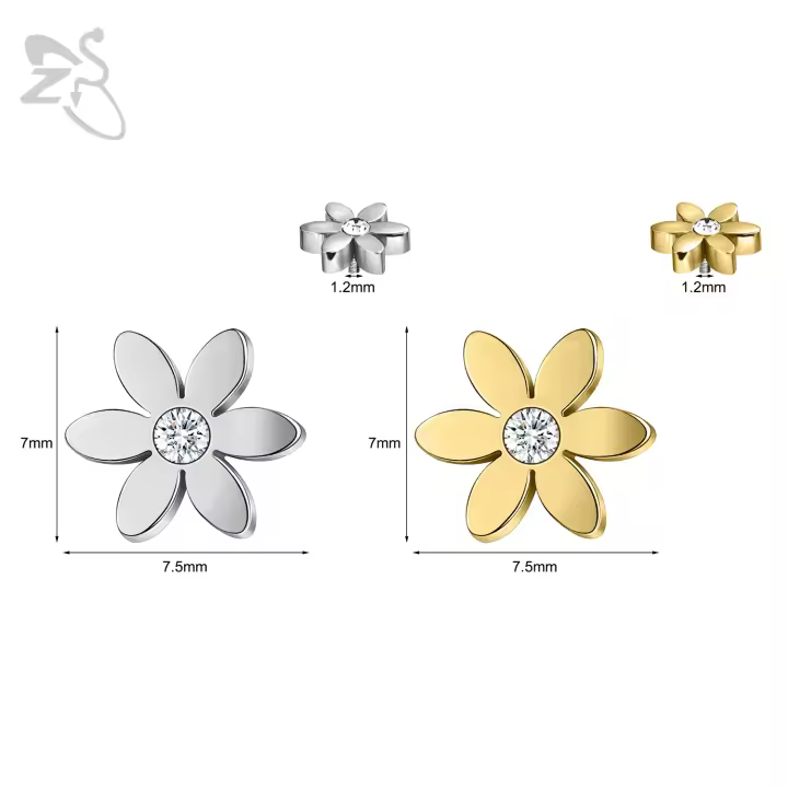 ZS 1 pieza de acero inoxidable, ancla dérmica para hombres y mujeres, lazo con flor, piercing dérmico con cristal CZ, microperforación dérmica que se oculta en la piel. - 1