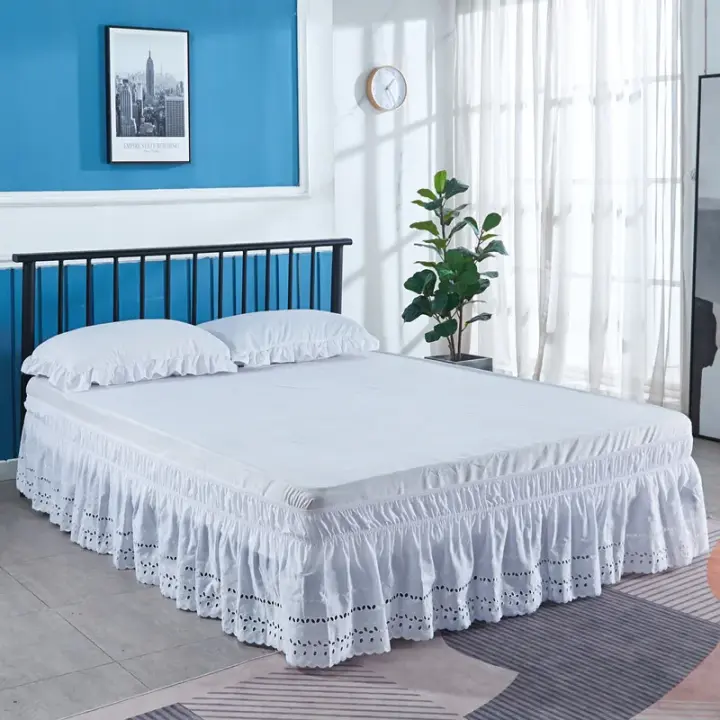 Elegante falda de cama bordada en blanco, resistente a las arrugas y a la decoloración, 15 pulgadas de altura - 1