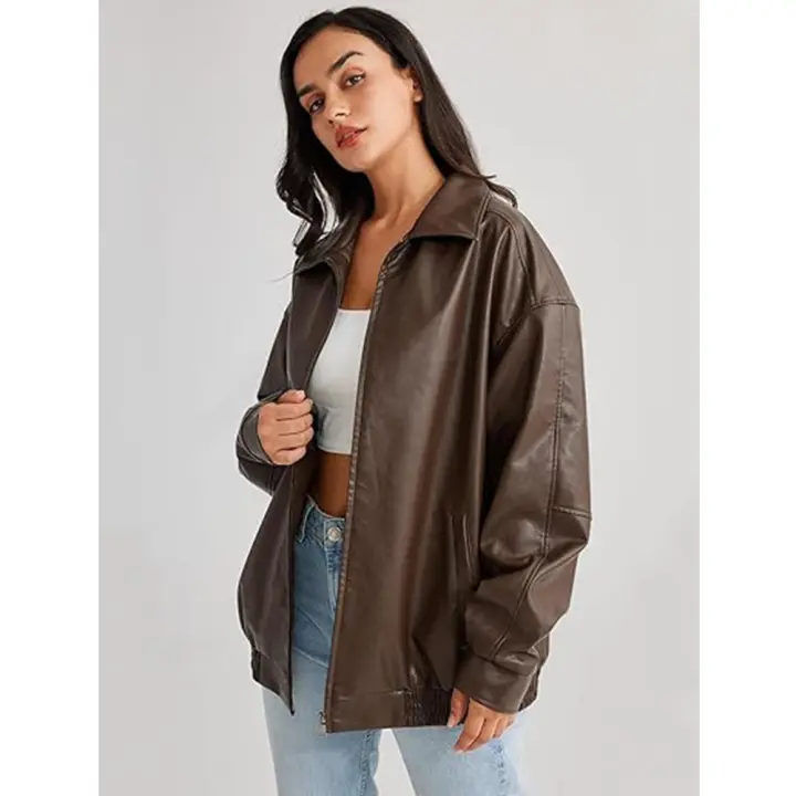 Chaqueta de Moto para Mujer de Tamaño Grande en Cuero Pretendido para Outfit de Otoño/Invierno 2024 con Cierre de Cremallera y Forro de Poliéster - 1
