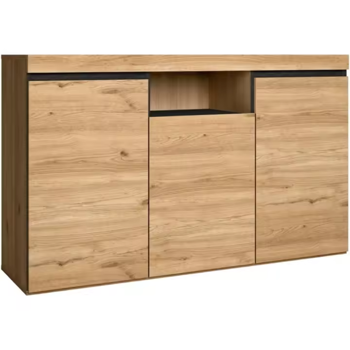 aparador |   Modelo Natural |   140 x 40 x 81 cm |   Mueble Auxiliar de Entrada con 3 Puertas |   con Estilo Nórdico |   melamina |   Roble y Negro - 1