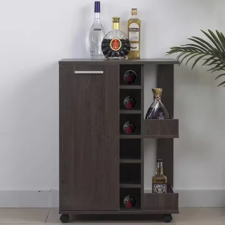 BAKAJI Mueble esquinero para Bar, botellero de pie, botellero, Vino, Licor, Bodega de Madera 6 plazas botellero con Puerta y asa de Metal 2 estantes Laterales (Amaretto) - 1