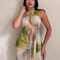 BUNO-Conjunto de 2 piezas con estampado sexy para mujer, impresionante camiseta hipster con cuello halter y escote elegante, faldas largas de cintura alta, traje de medianoche para mujer - details 6