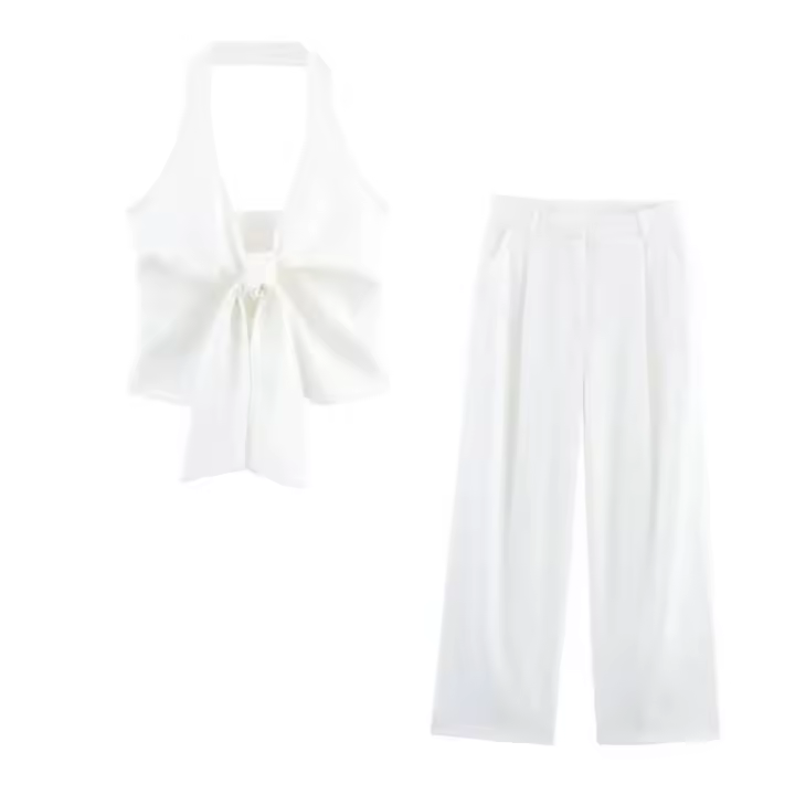 - Conjunto de oficina informal a juego para mujer, conjunto de pantalones largos y camisola de dos piezas con patrón sólido - 1