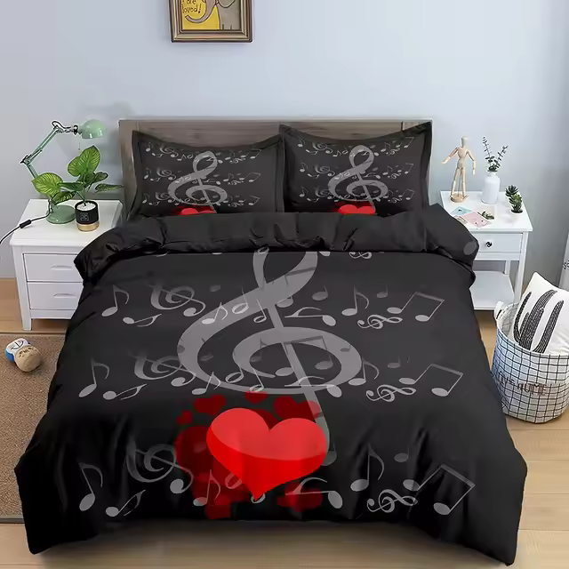 Conjunto de Ropa de Cama de 3 Piezas con Tema de Nota Musical Cubierta de Edredón Suave Psychédelico para Rey/Reina Funda de Almohada de Moda - 1