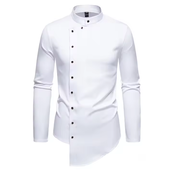 Camisas de manga larga con diseño irregular para hombres, camisas monocromáticas informales, camisas con cuello alto para documentos, fiestas, discotecas, Rh, moda, otoño - 1