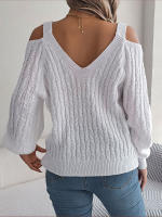 Jersey con cuello en V para mujer, manga farol, Color sólido, torceduras de masa frita, suéter informal suelto, Tops de moda, otoño e invierno, 2023 - details 2