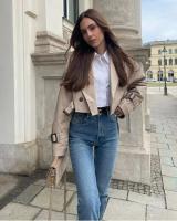 Gabardina recortada de manga larga para mujer, chaqueta de diseño recortado, abrigos sueltos informales de calle, Top elegante - details 8
