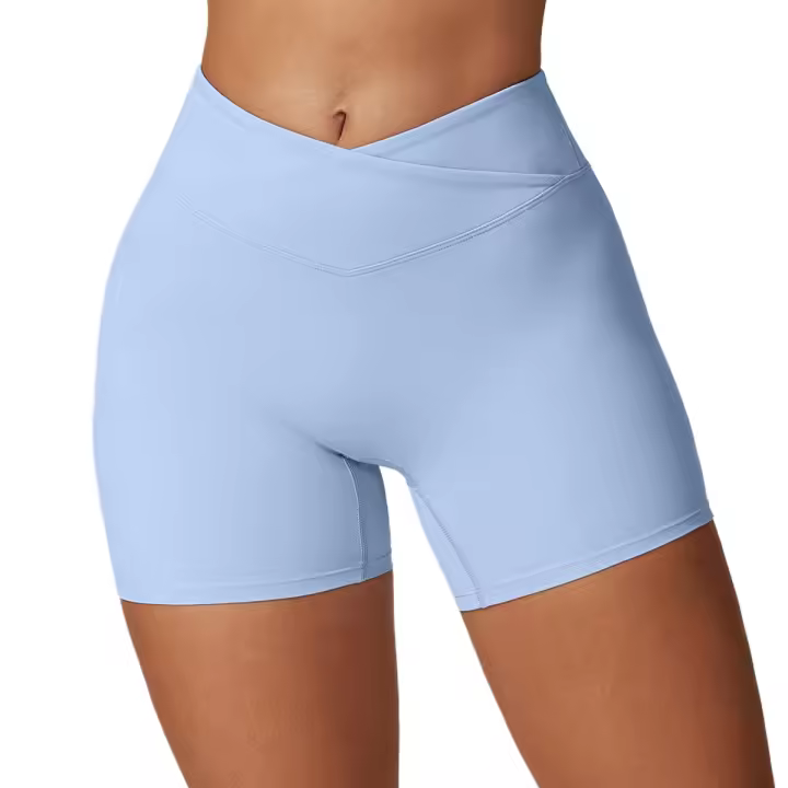 Pantalones cortos de gimnasio para mujer, pantalones cortos de Yoga lisos, mallas cortas cruzadas para Fitness, pantalones cortos para correr de cintura alta, ropa corta de entrenamiento elástica - 1