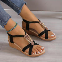 Women Cross Straps Sandals Open Toe Ankle Strap Slingback Wedge Platform Shoes Summer Comfy Boho Shoes - details 5