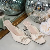Sandalias de tacón alto con boca de pez y punta cuadrada a la moda para mujer Chanclas con lazo de tacón grueso para mujer - details 8