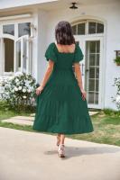 Vestido de manga corta fruncido con cuello cuadrado y espalda descubierta a la moda para mujer - details 27