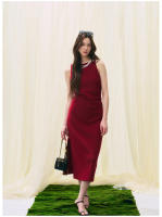 Vestido Largo de Verano Shengdu Elegante Corte de Diagonal Rojo, Pliegues y Estilo Socialité Francés de Alta Gama - details 12