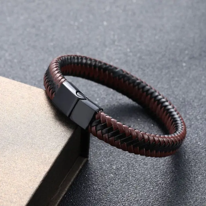Pulsera trenzada de acero inoxidable para hombre y mujer, brazalete multicapa de Color negro y marrón, joyería de cuero - 1