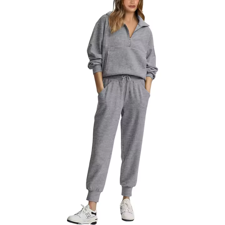Chándal de mujer de 2 piezas, manga larga y media cremallera con bolsillos jersey, traje de ocio, sudadera, pantalón de chándal - 1