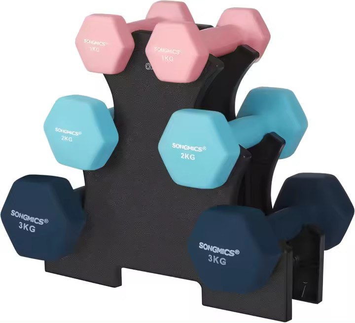 Juego de Mancuernas 3 Pares, 2 x 1 kg, 2 x 2 kg, 2 x 3 kg Soporte de Almacenamiento - 1