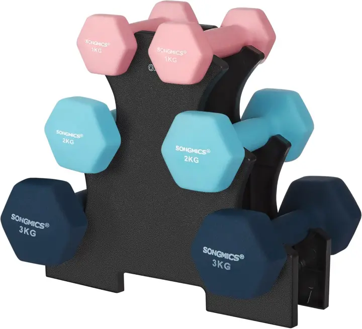 Juego de Mancuernas 3 Pares, 2 x 1 kg, 2 x 2 kg, 2 x 3 kg Soporte de Almacenamiento - 1
