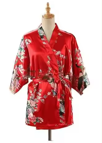 Kimono Japonés con Estampado de Pato Real para Mujer Ropa de Dormir de Estilo Corto de Sateén de Seda, Camisón de Casa, Bata de Baño, Disfraz - 1