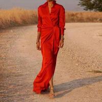 Casual Oficina solapa cuello en V Maxi primavera mujeres manga camisas sólidas vestido elegante señora encaje hasta Split vestidos largos delgados - details 0