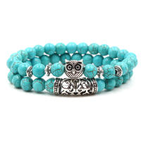KMVEXO 2 unids/set Color plata Cabeza de Buda Lava esqueleto turquesas cuentas de piedra Natural para Mujeres Hombres pulsera conjunto brazaletes con dijes - details 4