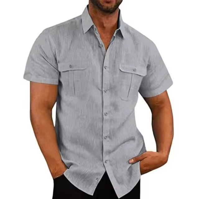 Camisas de manga corta de lino y algodón para hombre, camiseta informal de Color sólido con cuello vuelto, camisas transpirables de verano, novedad de 2025 - 1