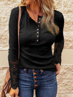 Camiseta de manga larga con cuello redondo y botones para mujer, Top de costura de encaje, camiseta informal ajustada, moda de Color sólido, Otoño e Invierno - details 6