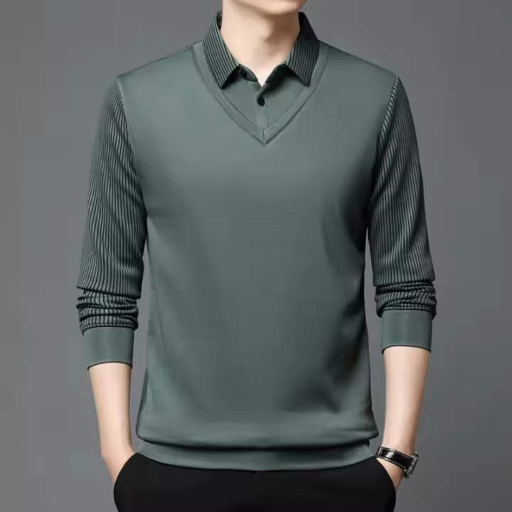 Polo de manga larga para hombre de alta gama, camiseta informal de dos piezas con cuello falso, camiseta a rayas - 1