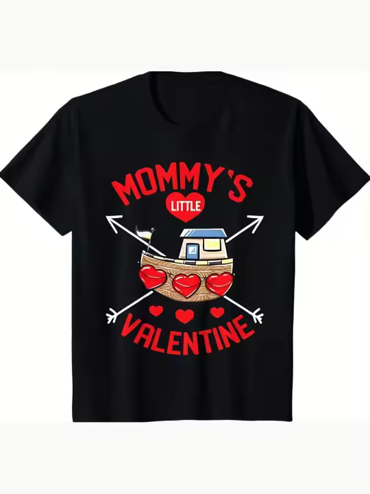 Niños Día de San Valentín Niños Niños pequeños Niños Barco Corazón Amor Linda camiseta Regalo para papá Cuello redondo suave y cómodo Manga corta - 230 g - 1