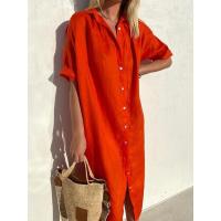 Vestido camisero largo de lino y algodón con botones de manga corta holgado informal elegante para mujer - details 0