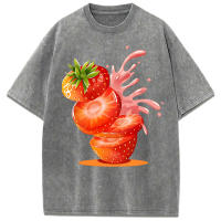 Camiseta lavada con estampado creativo de zumo de fresa para mujer, camisetas de algodón que combinan con todo, Top con cuello redondo, manga corta holgada de verano - details 8