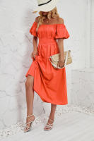 Vestido de verano de color liso plisado de cintura alta con mangas cortas y hombros descubiertos para mujer - details 4