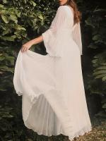 Vestido de dama de honor plisado liso de talla grande, vestido largo elegante con manga acampanada y cuello en V para fiesta de - details 2