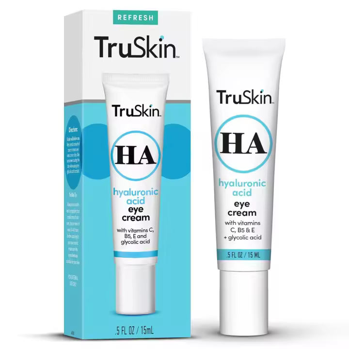 Crema para ojos TruSkin para un área de ojos hidratada y con un aspecto más brillante - Mejora la apariencia de ojeras e hinchazón - Ácido hialurónico, ácido glicólico, vitaminas C, B5, E - Crema debajo de los ojos para mujeres, 0.5 fl oz - 1