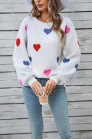 Jersey holgado con patrón de corazón para mujer, suéter de punto blanco Kawaii con cuello redondo, manga larga, tendencia juvenil - details 13