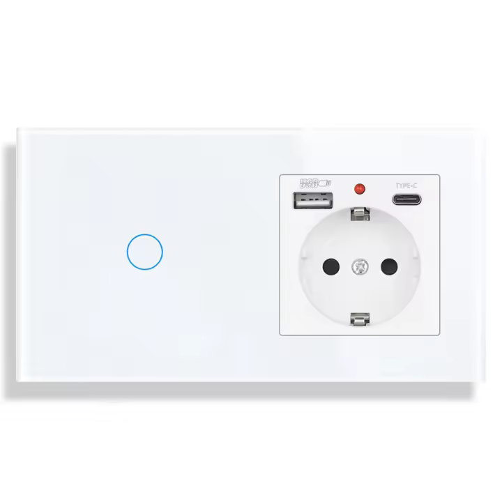 SRAN-nuevo interruptor táctil de 1 banda, interruptor de luz de 1 vía con enchufes de pared de la ue, toma de corriente USB tipo c, Panel de vidrio blanco - 1