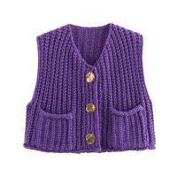 Chaleco de Punto sin Mangas de Moda Coreana para Mujer Cuello en V, Botón Azul, Bolsillos de Adelante, Rojo - details 7