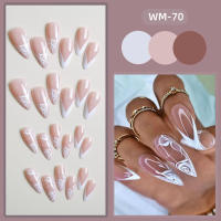 24 piezas, rosa con estampado de borde blanco, uñas postizas dulces y encantadoras reutilizables para uso diario y fiestas - details 3
