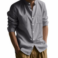 Camisa de lino de primavera y otoño, manga larga, cuello alto, transpirable, pegatina informal, camisa de bolsillo, hombres - details 19